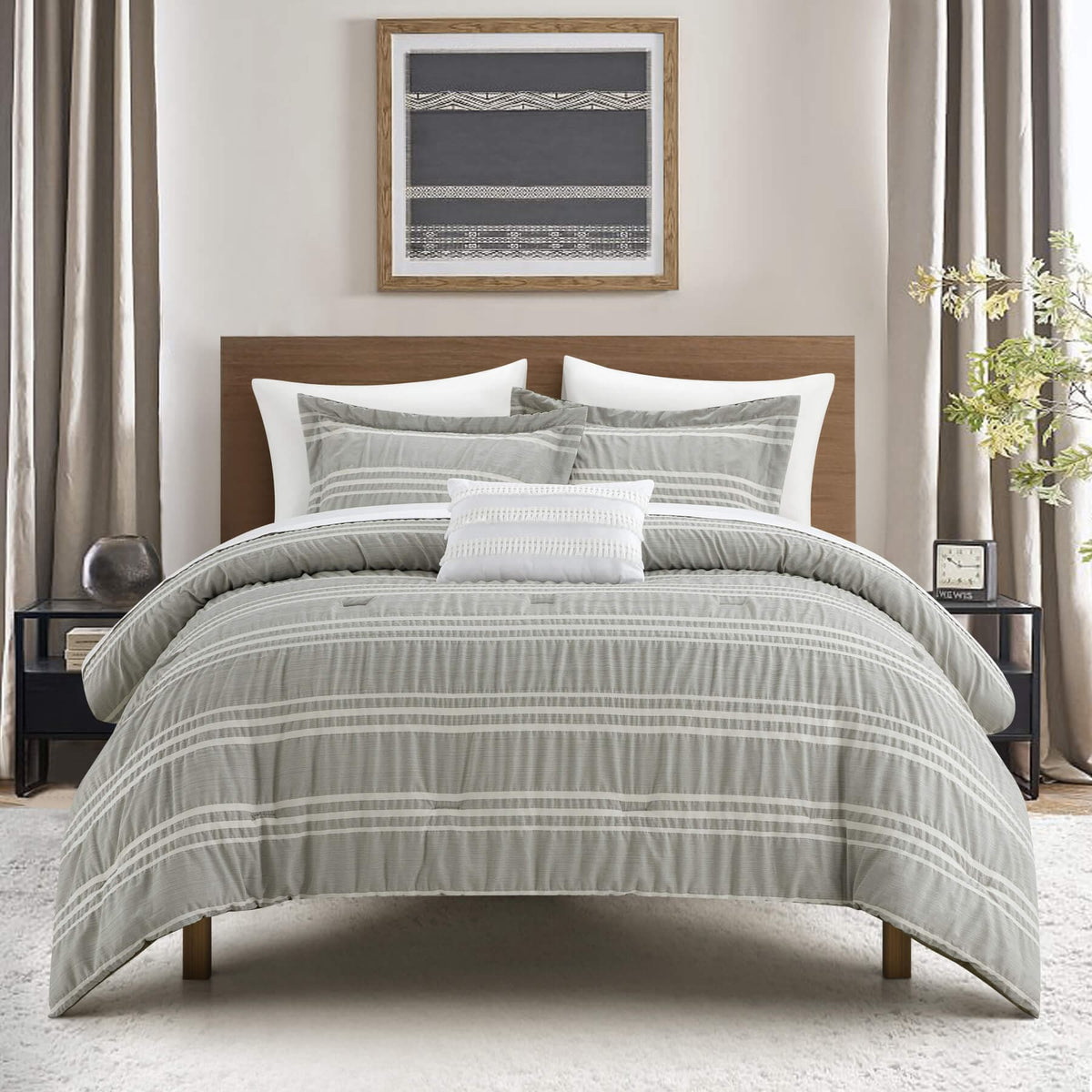Chic-Home-Emma 8 Piece Striped Seersucker Comforter Set-Green