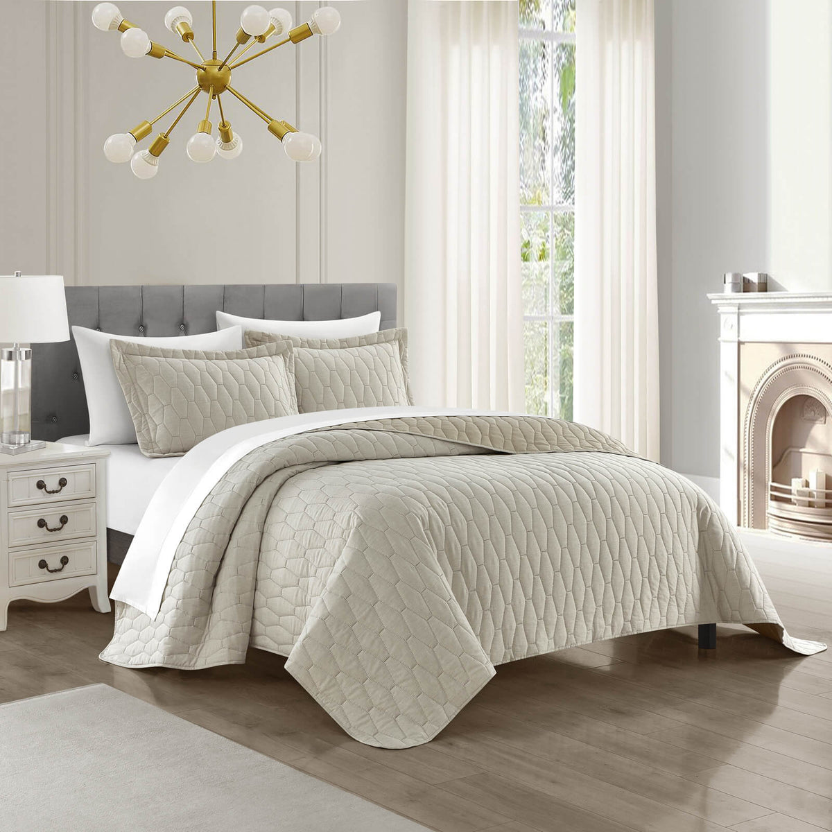 Chic Home Nyla 7 Piece Geometric Quilt Set Beige