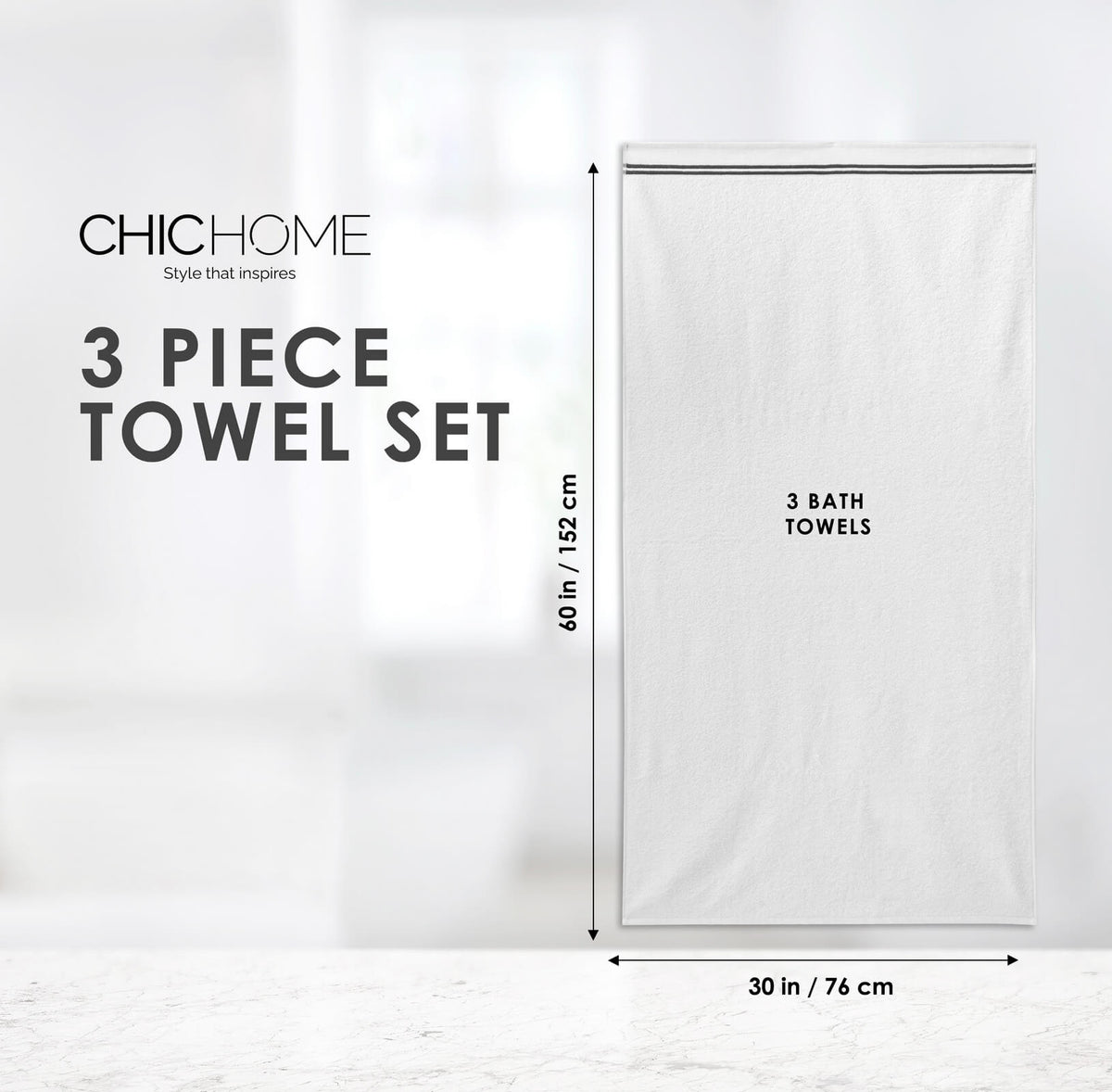 Chic Home Striped Hem Turkish Cotton 3 Piece Bath Towel Set-Black