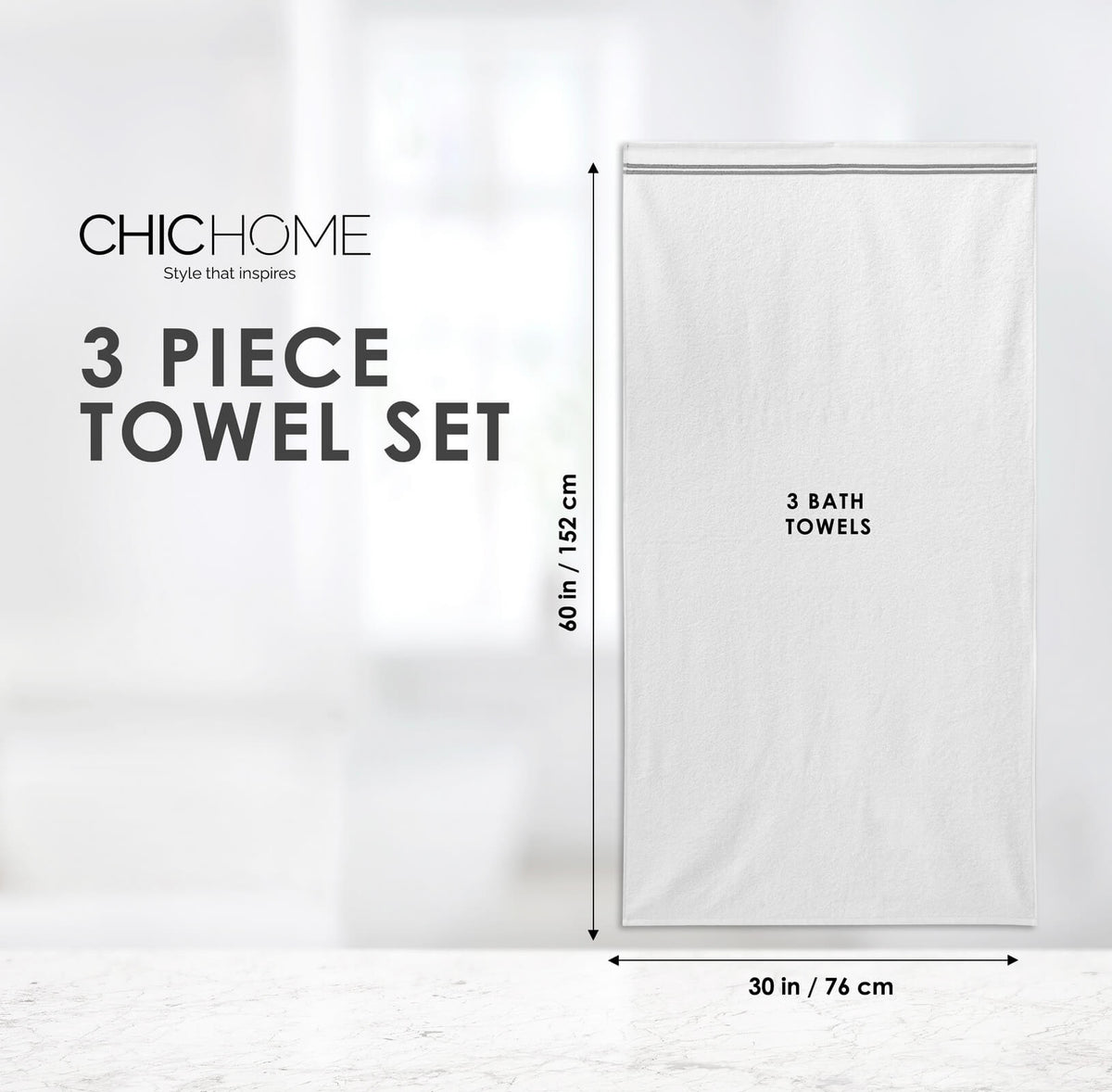 Chic Home Striped Hem Turkish Cotton 3 Piece Bath Towel Set-Grey