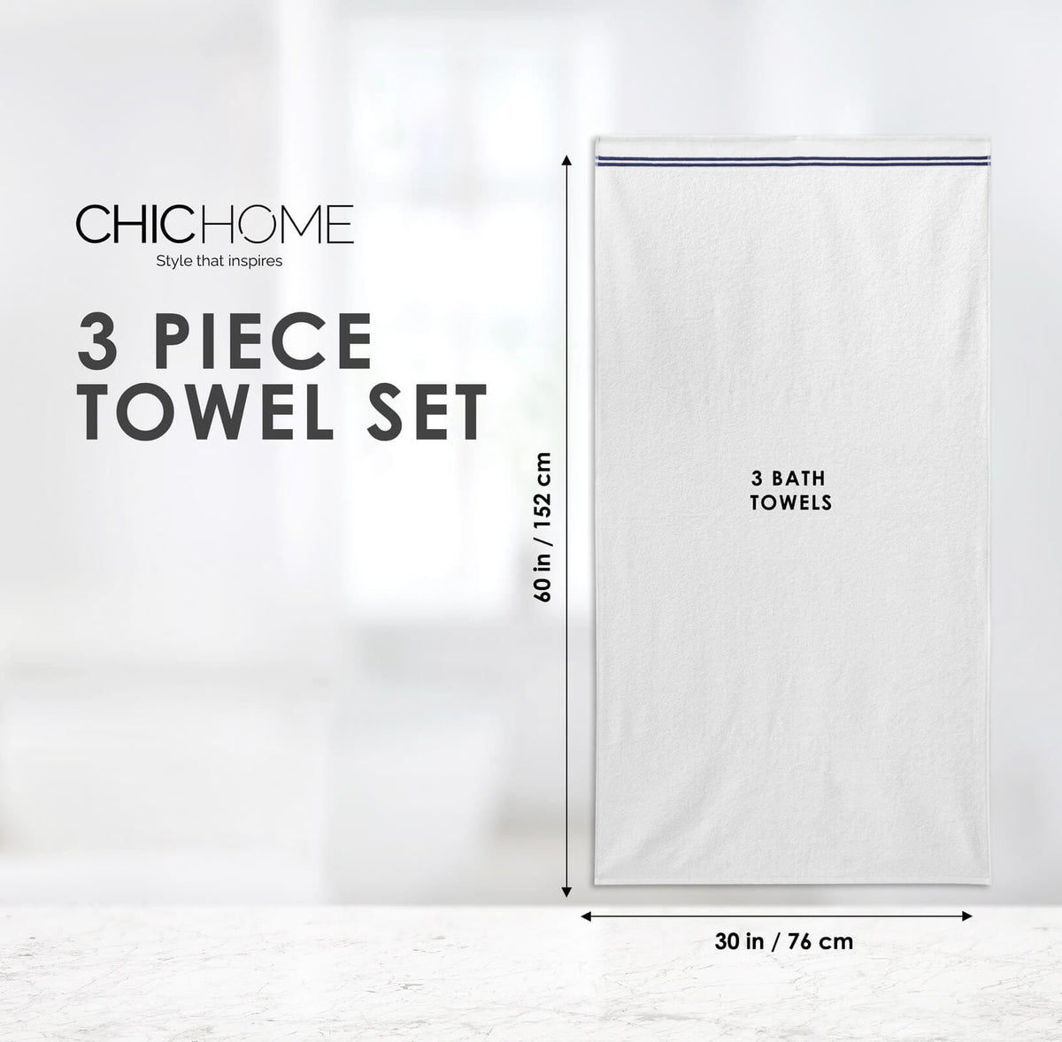 Chic Home Striped Hem Turkish Cotton 3 Piece Bath Towel Set-Navy