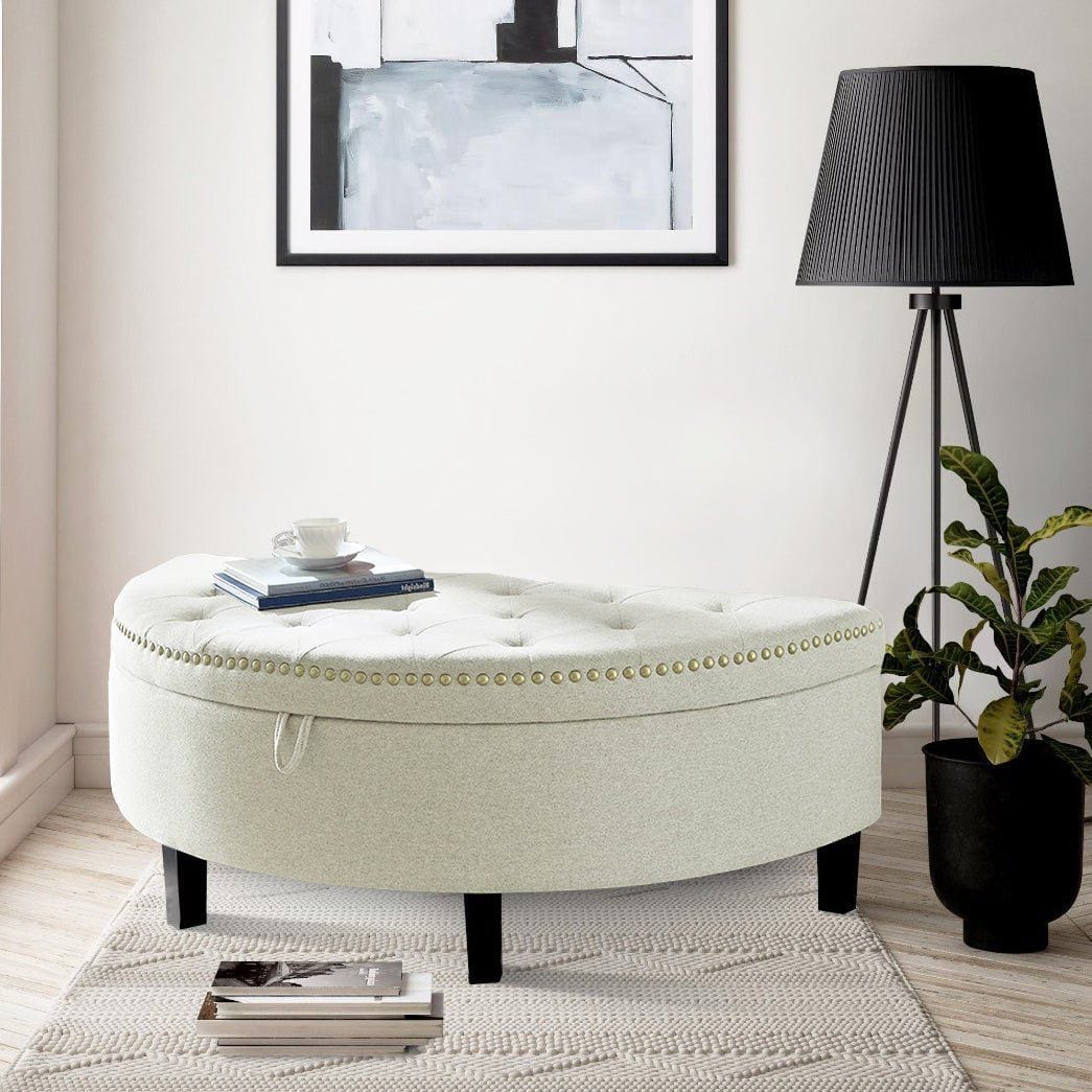 Iconic Home Jacqueline Tufted Linen Storage Ottoman Bench Cream