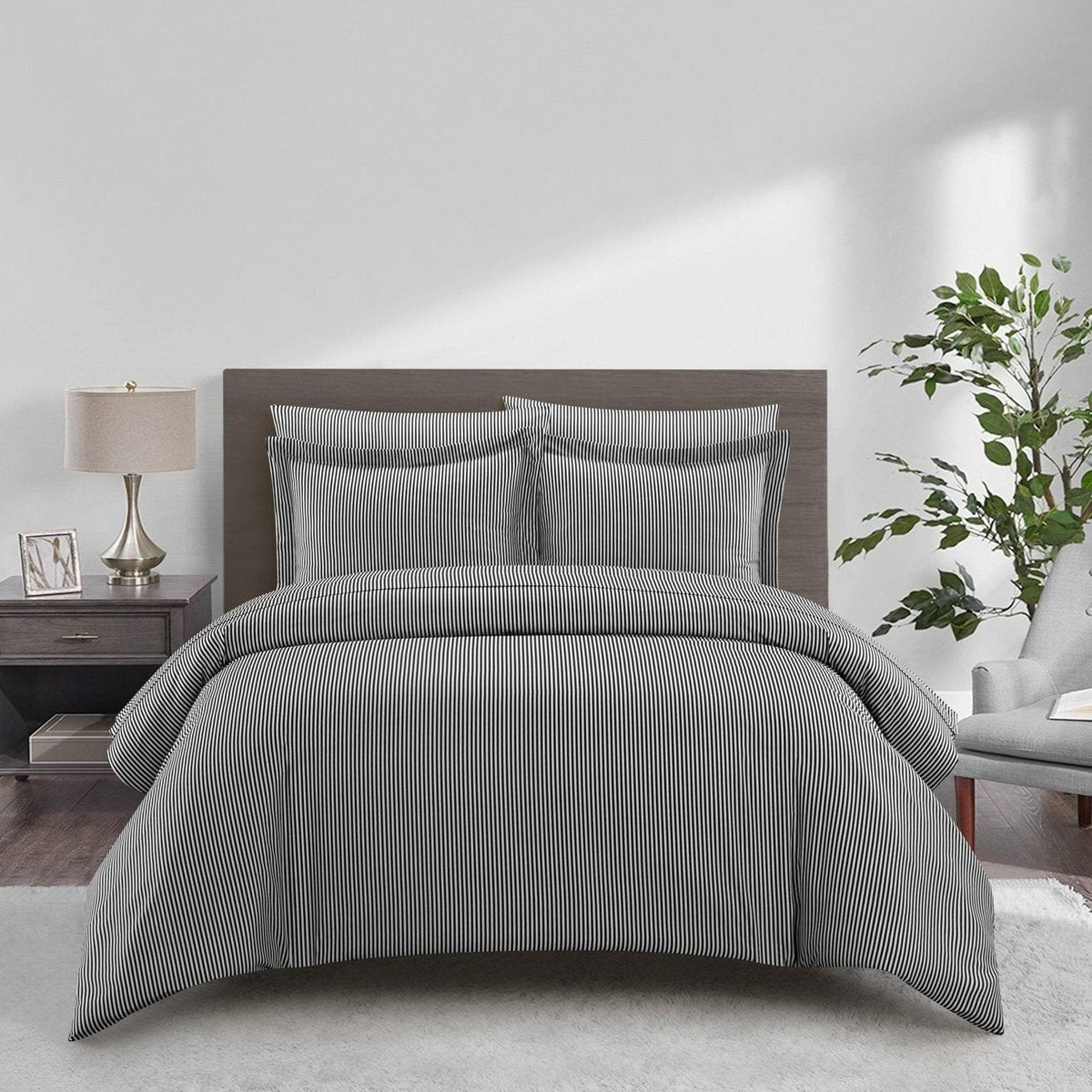 Chic Home Morgan 7 Piece Striped Duvet Cover Set Charcoal