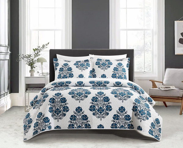 Chic Home Morris 3 Piece Floral Medallion Print Quilt Set Blue