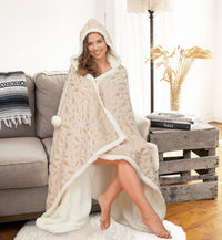 Chic Home Ansen Snuggle Hoodie Metallic Leaf Print Robe Plush Micromink Sherpa Wearable Blanket Beige
