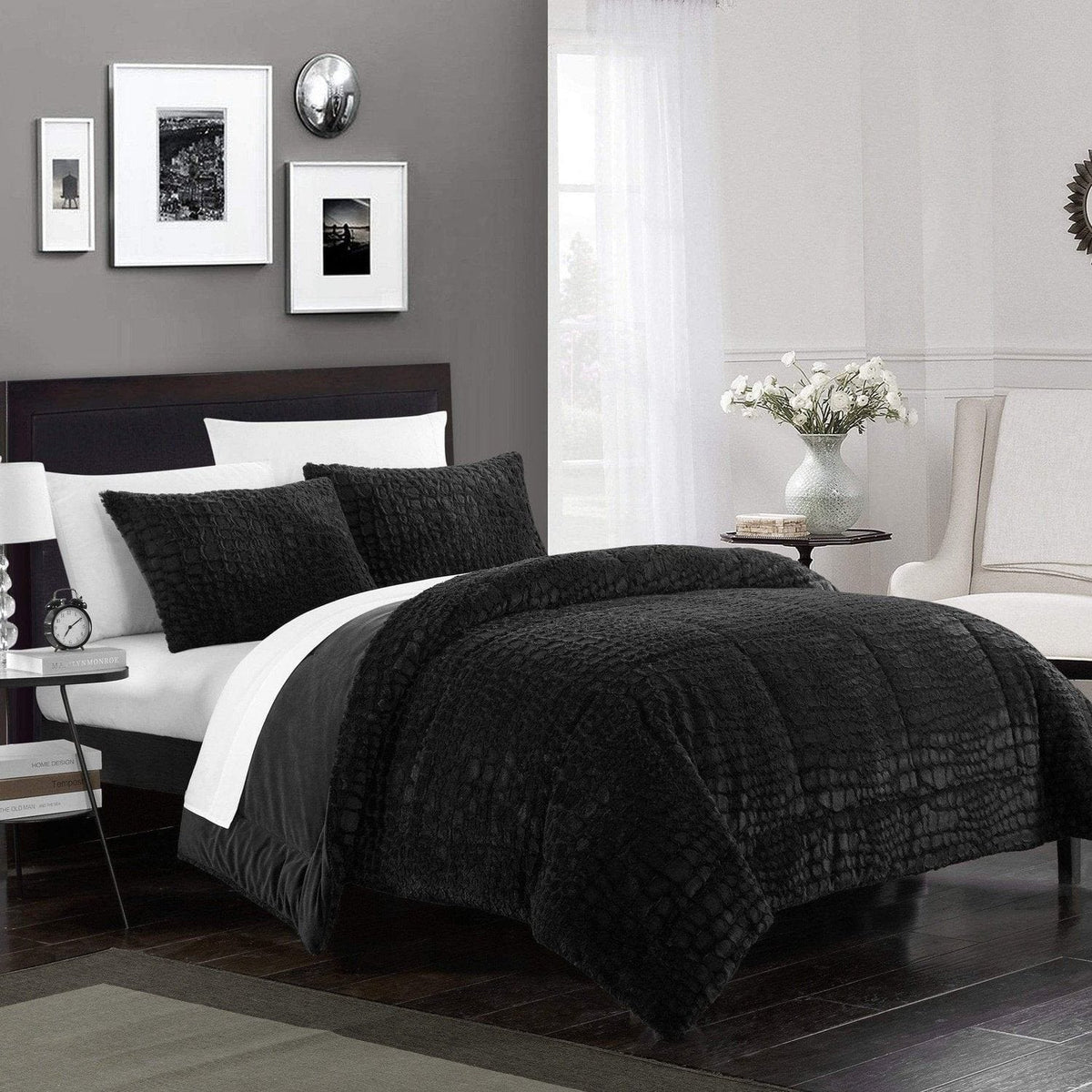 Chic Home Alligator 7 Piece Faux Fur Comforter Set Black