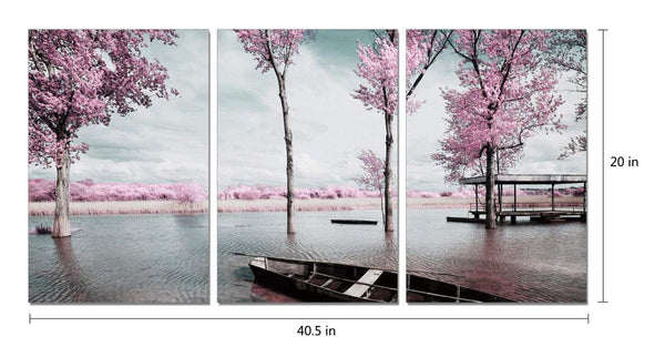 Chic Home Blossom 3 Piece Set Wrapped Canvas Wall Art Giclee Print Lakeside Cherry Blossoms