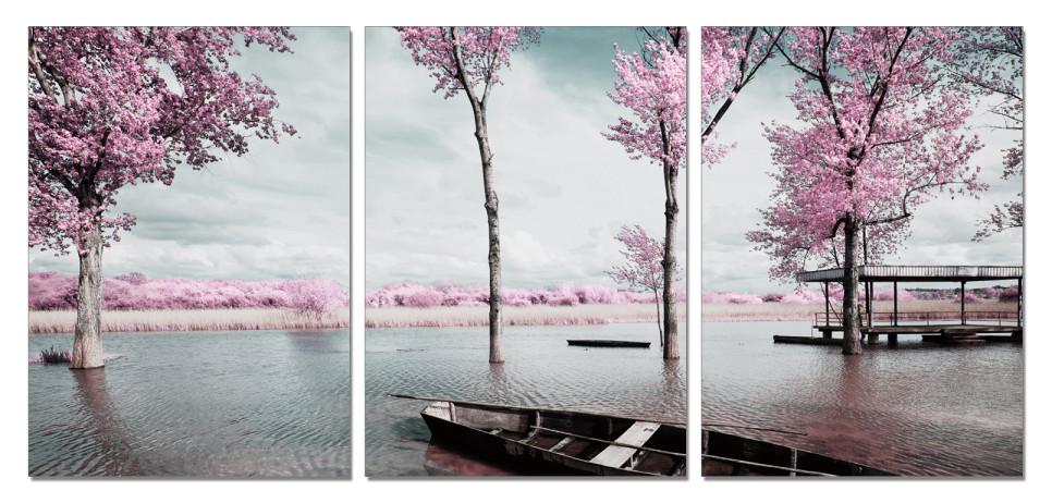 Chic Home Blossom 3 Piece Set Wrapped Canvas Wall Art Giclee Print Lakeside Cherry Blossoms