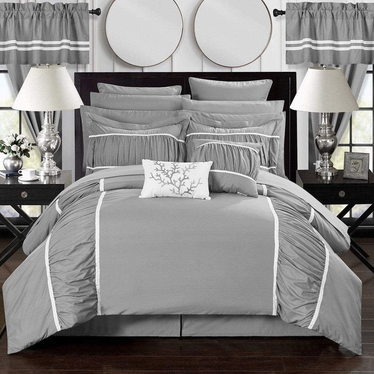 Chic Home Mayan 24 Piece Ruffled Comforter Set Grey
