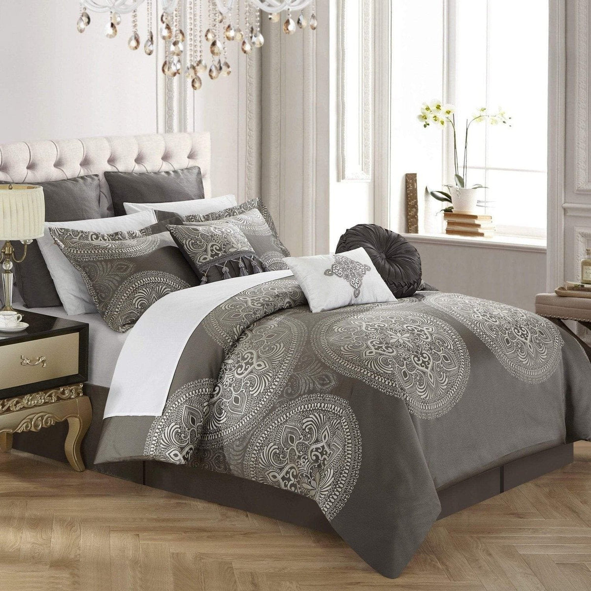 Chic Home Orchard Place 9 Piece Jacquard Comforter Set Grey