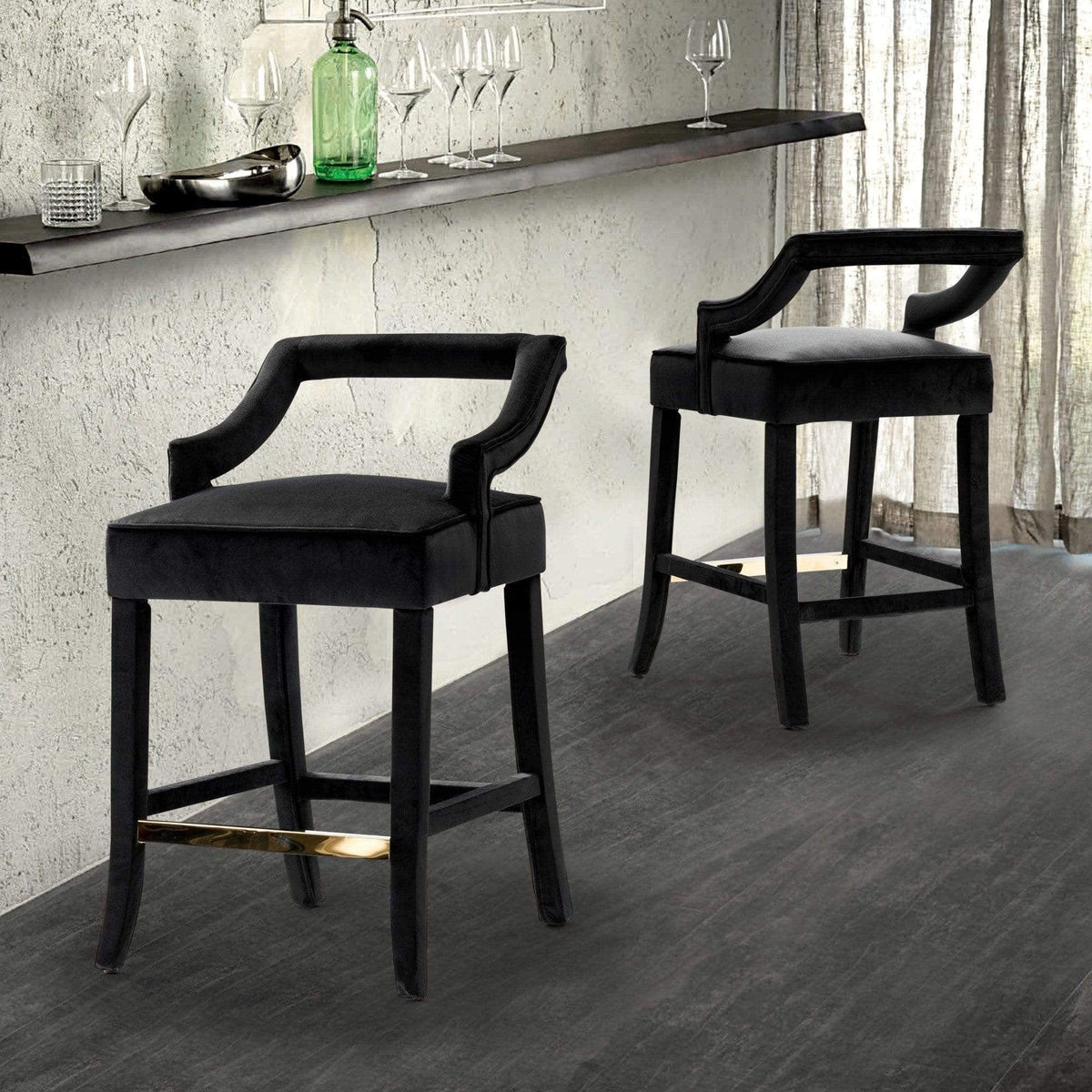Iconic Home Chiara Velvet Counter Stool Chair Gold Footrest Black