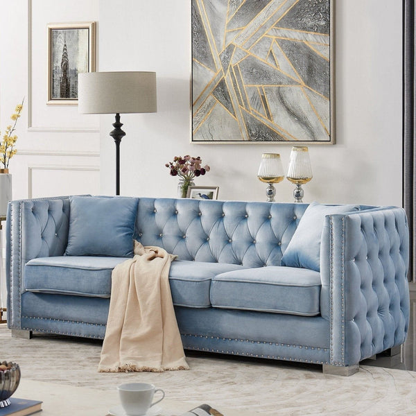 Iconic Home Christophe Velvet Button Tufted Sofa Blue