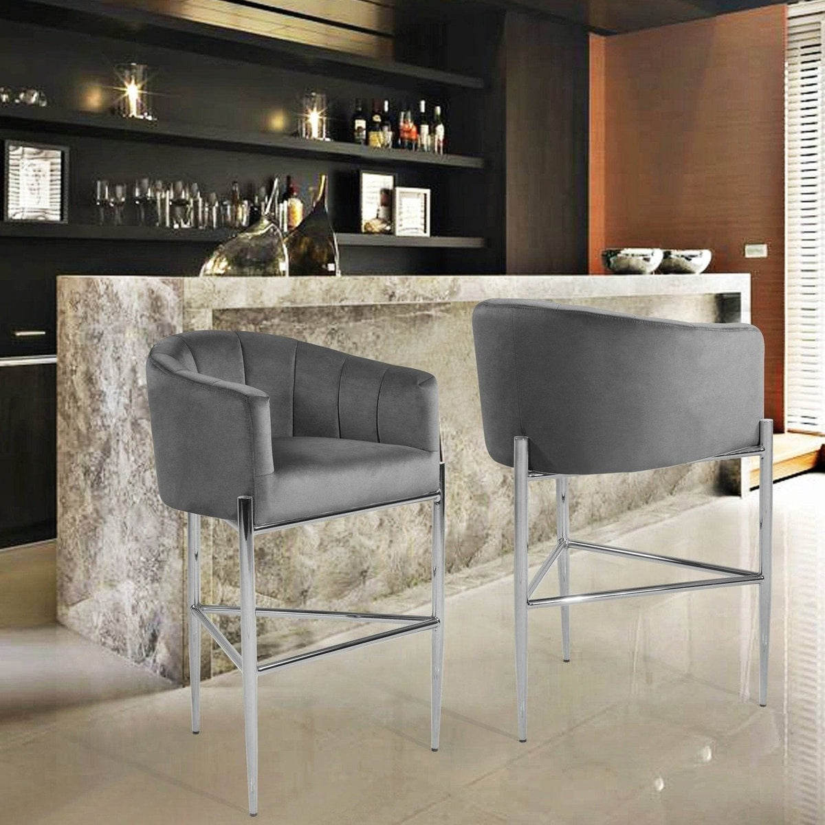 Iconic Home Cyrene Velvet Bar Stool Chair Chrome Base