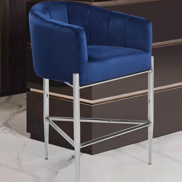 Iconic Home Cyrene Velvet Counter Stool Chair Chrome Base Navy