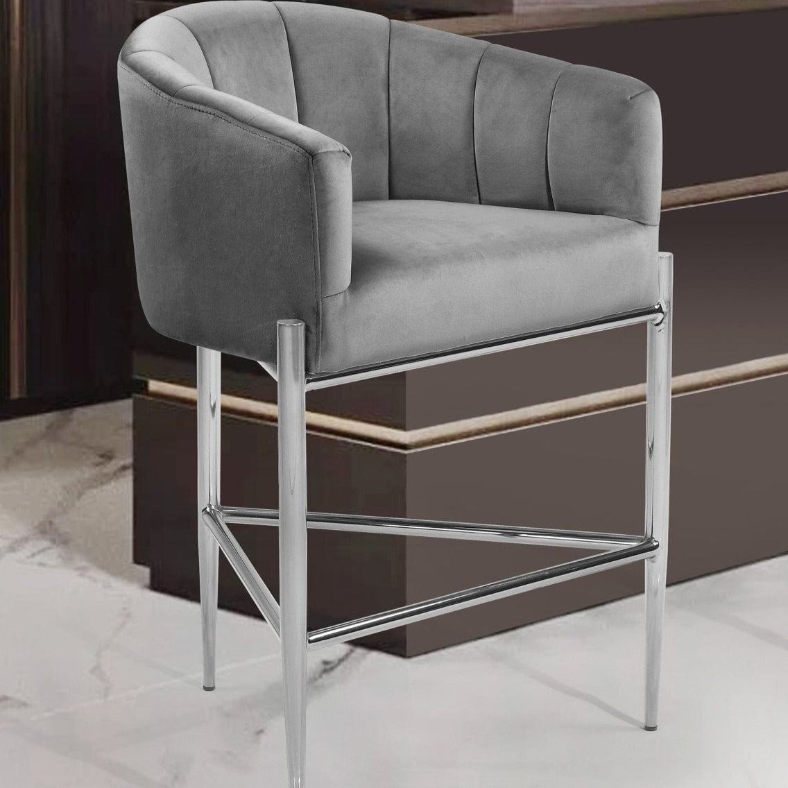 Iconic Home Cyrene Velvet Counter Stool Chair Chrome Base Silver