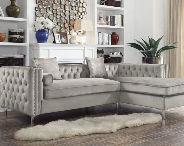 Iconic Home Da Vinci Right Facing Tufted Velvet Sectional Sofa Silver