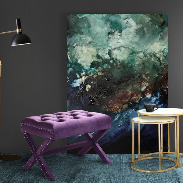 Iconic Home Keila Tufted Velvet Ottoman Bench X-Frame Plum