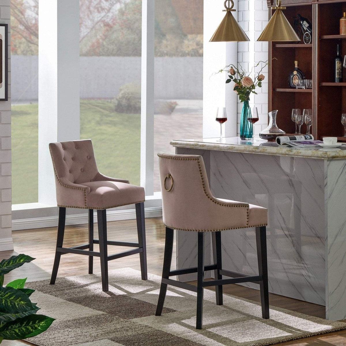 Iconic Home Lyric Tufted Velvet Counter Stool Chair Blush