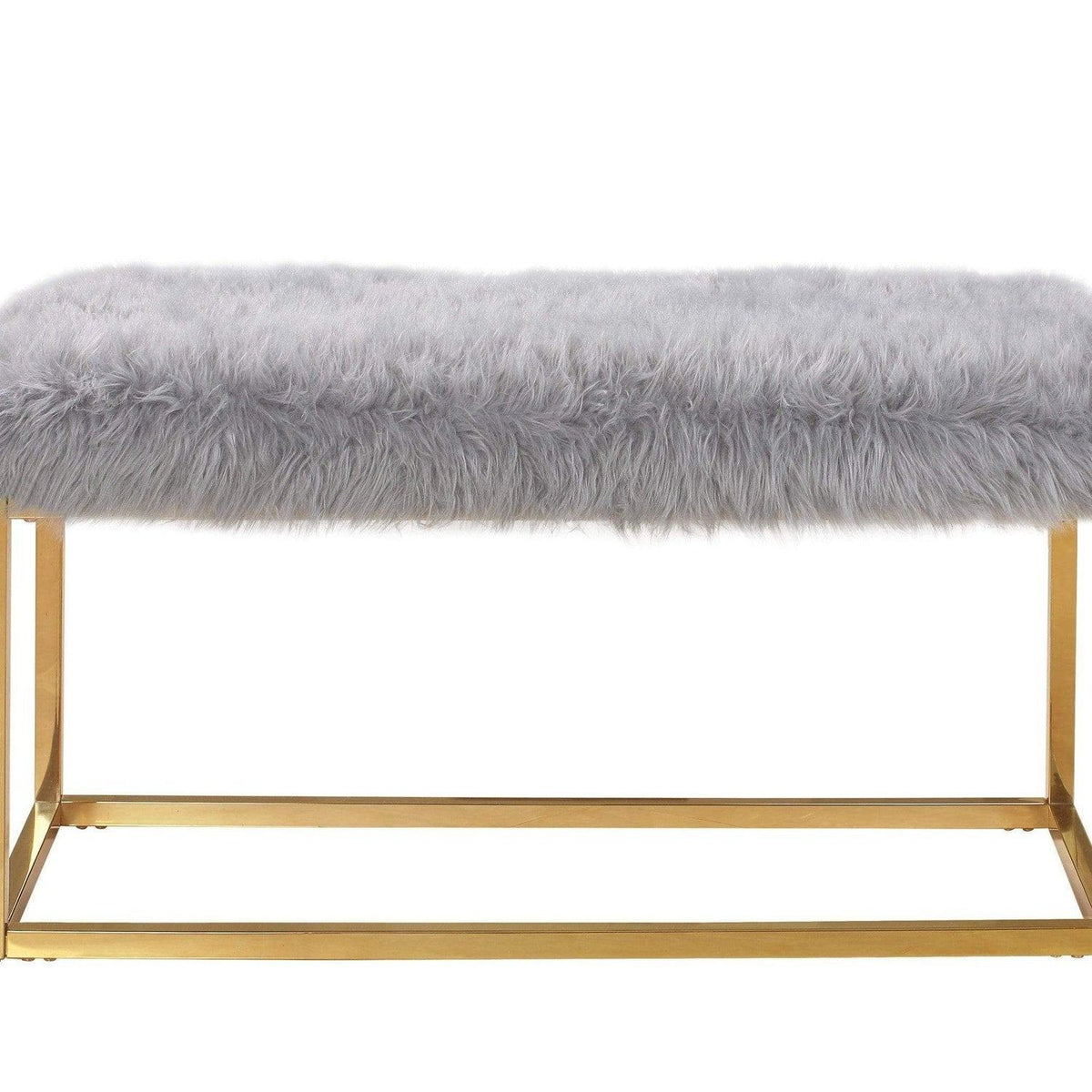 Iconic Home Marilyn Faux Fur Ottoman Bench Gold Metal Frame