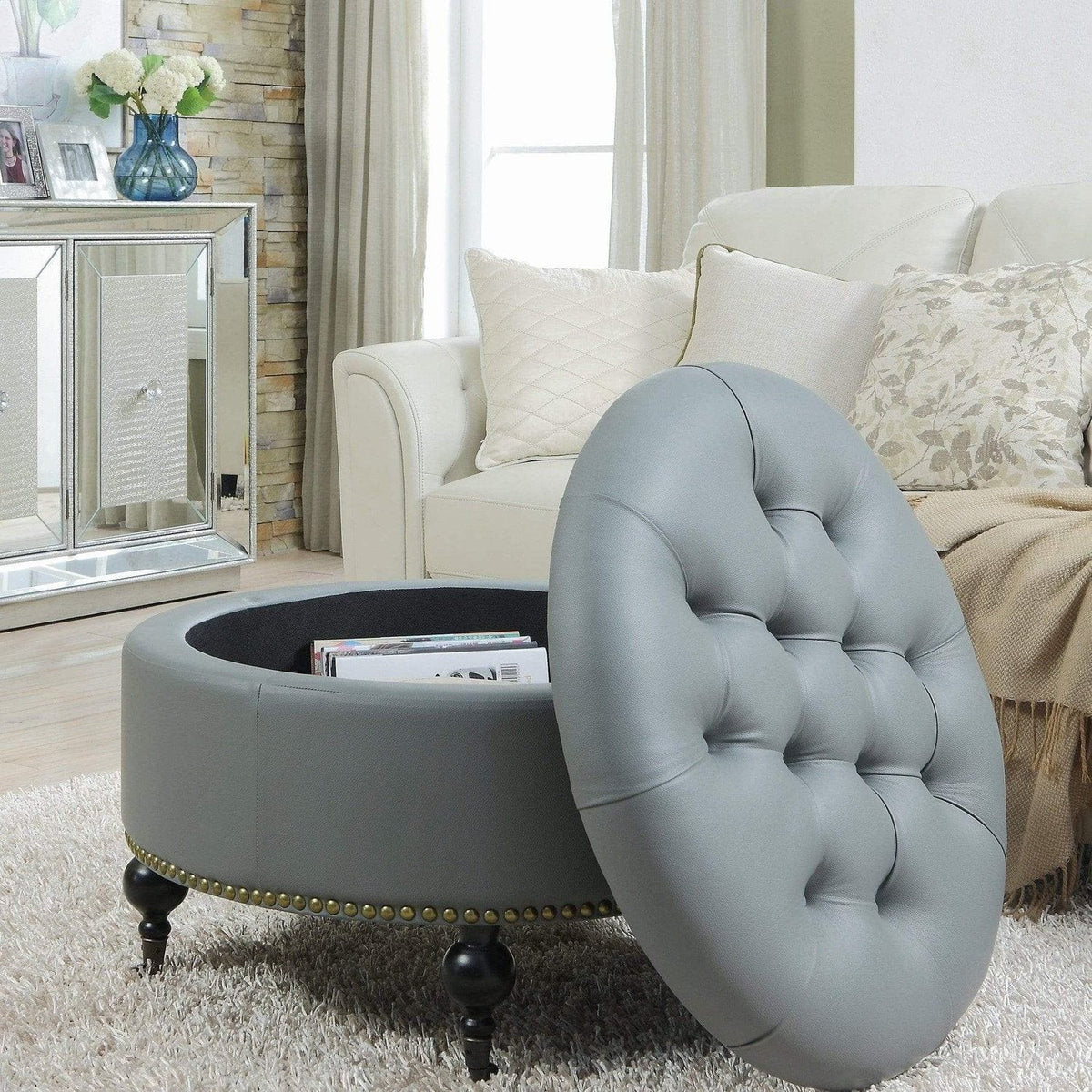 Iconic Home Mona Tufted Faux Leather Round Storage Ottoman