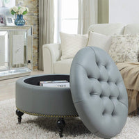 Iconic Home Mona Tufted Faux Leather Round Storage Ottoman