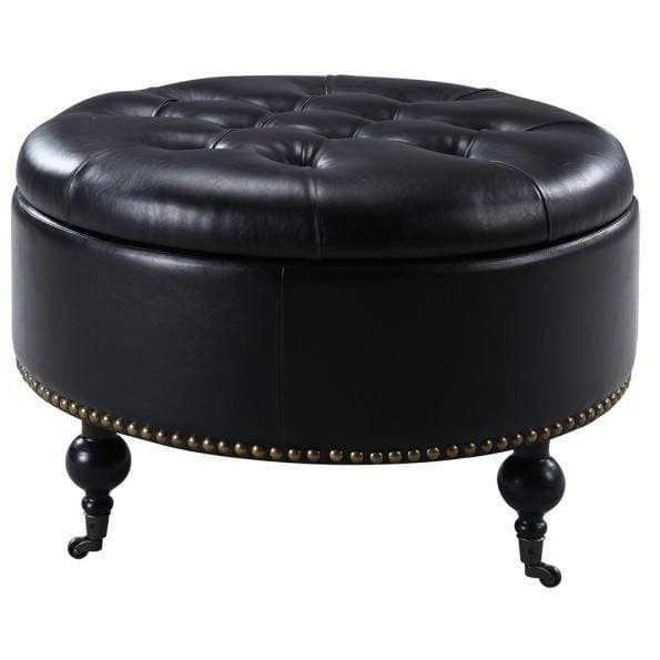 Iconic Home Mona Tufted Faux Leather Round Storage Ottoman