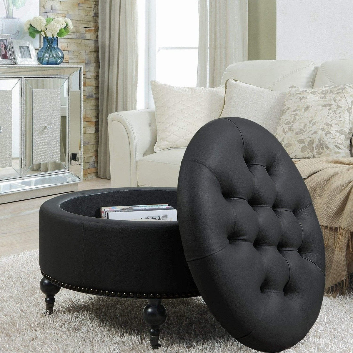 Iconic Home Mona Tufted Faux Leather Round Storage Ottoman