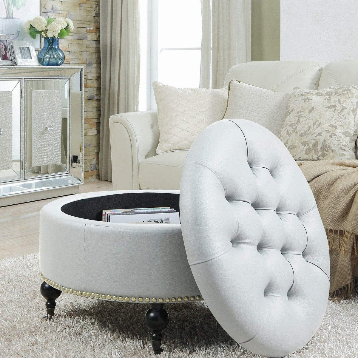 Iconic Home Mona Tufted Faux Leather Round Storage Ottoman