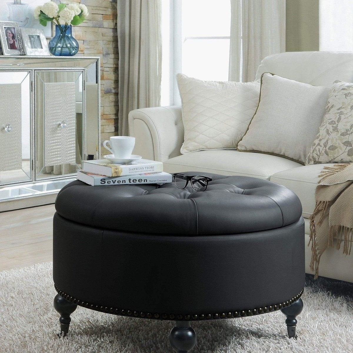 Iconic Home Mona Tufted Faux Leather Round Storage Ottoman Black