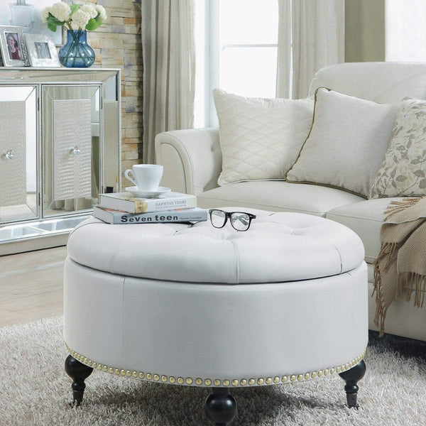 Iconic Home Mona Tufted Faux Leather Round Storage Ottoman White