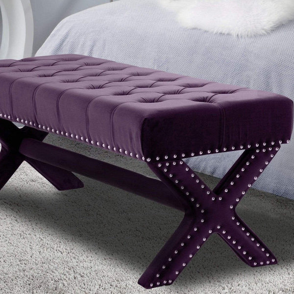 Iconic Home Neil Tufted Velvet Bench X-Frame Plum