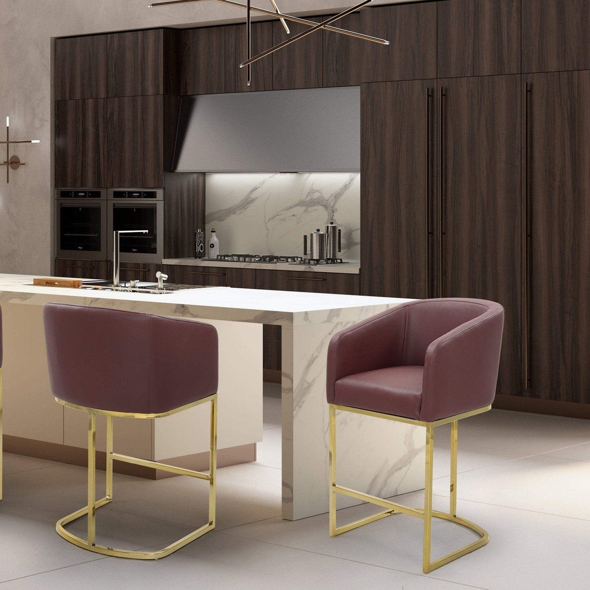 Iconic Home Tess Faux Leather Counter Stool Chair Gold Base Wine
