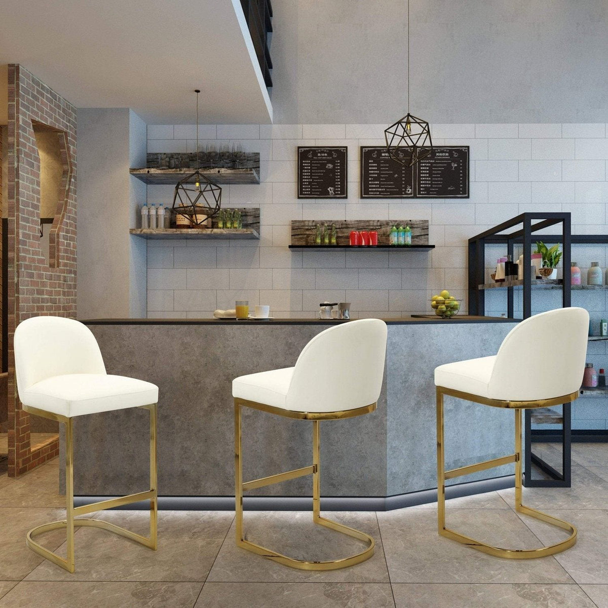 Iconic Home Xander Faux Leather Bar Stool Chair Gold Base Cream