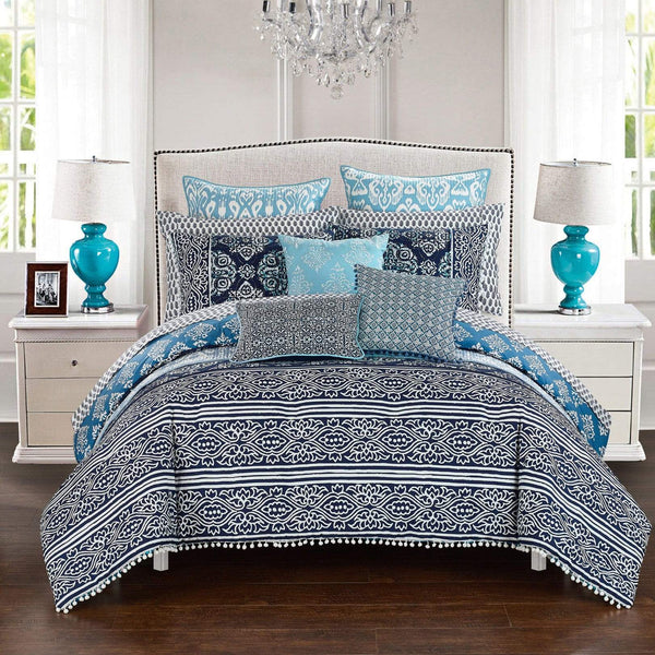 Chic Home Magical Medallion 1 Piece 100% Cotton Decorative Pillow Shibori Pattern Pom Pom Fringe Blue