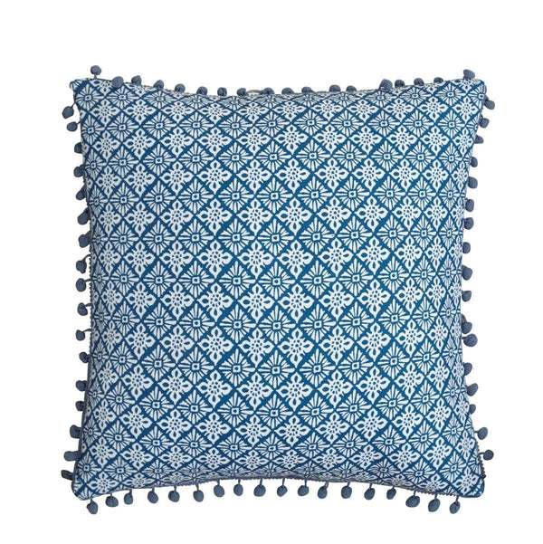 Chic Home Magical Medallion 1 Piece 100% Cotton Decorative Pillow Shibori Pattern Pom Pom Fringe Blue