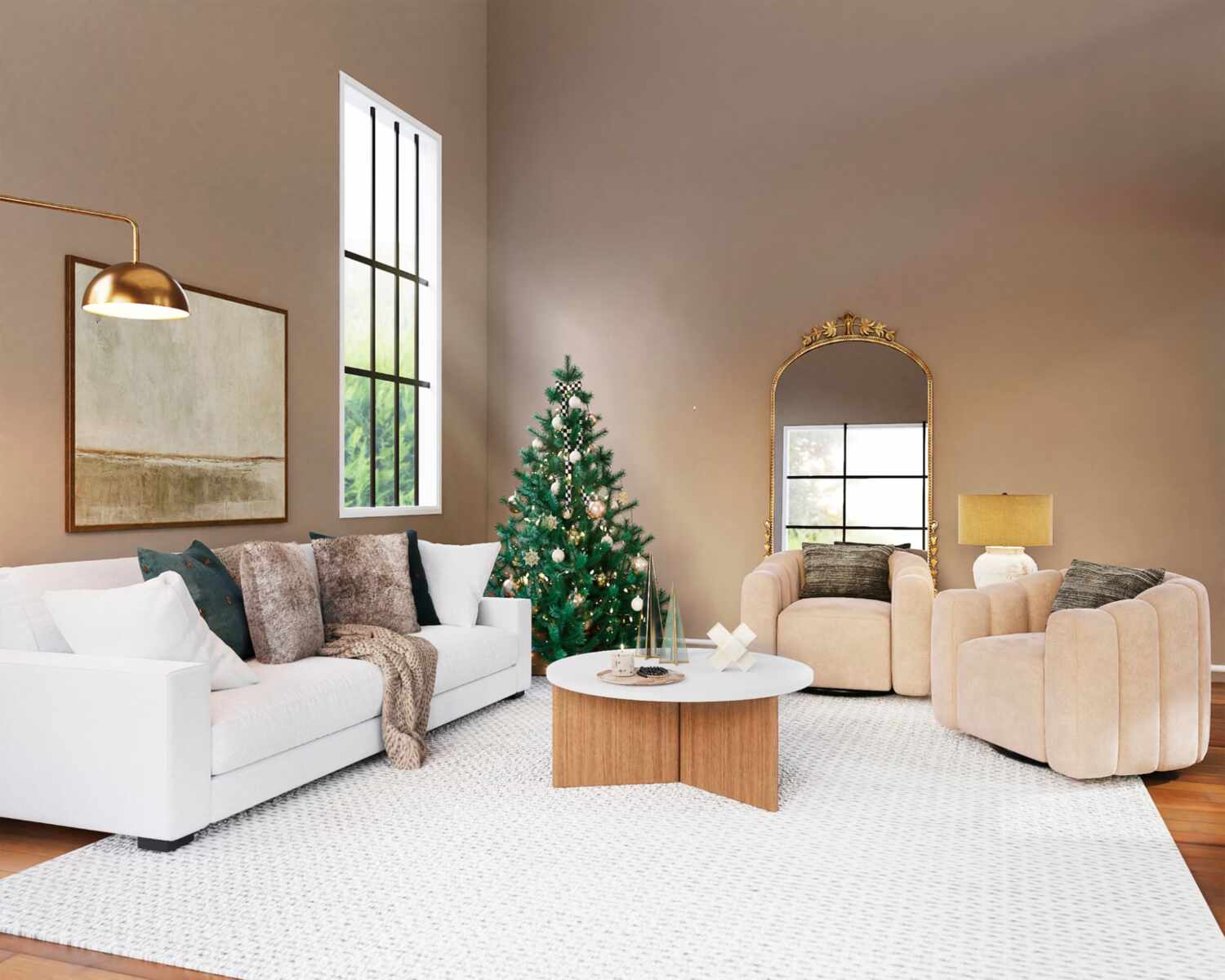 a living room with a white couch and winter home decor