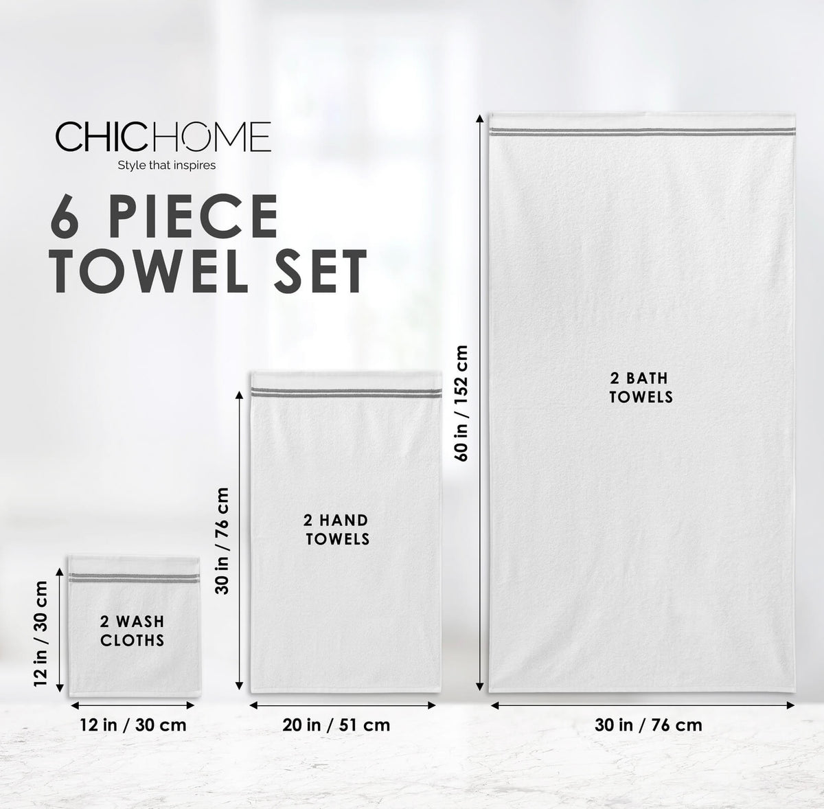 Striped Hem Turkish Cotton 6 Piece Towel Set-Grey