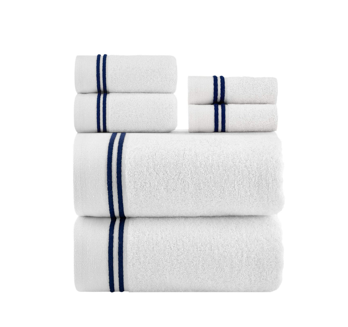 Striped Hem Turkish Cotton 6 Piece Towel Set-Navy