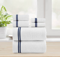 Striped Hem Turkish Cotton 6 Piece Towel Set-Navy