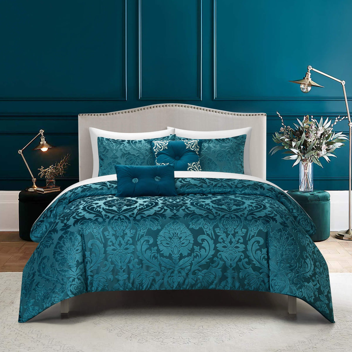 Chic-Home-Athena 5 Piece Jacquard Burnout Velvet Damask Comforter Set-Blue