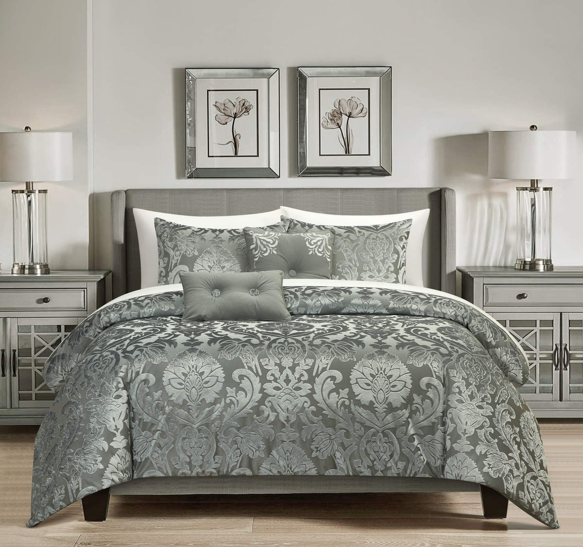 Chic-Home-Athena 5 Piece Jacquard Burnout Velvet Damask Comforter Set-Grey