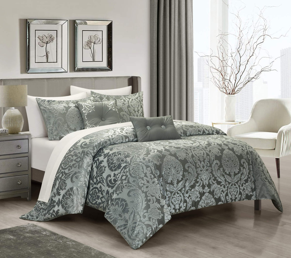 Chic-Home-Athena 5 Piece Jacquard Burnout Velvet Damask Comforter Set-