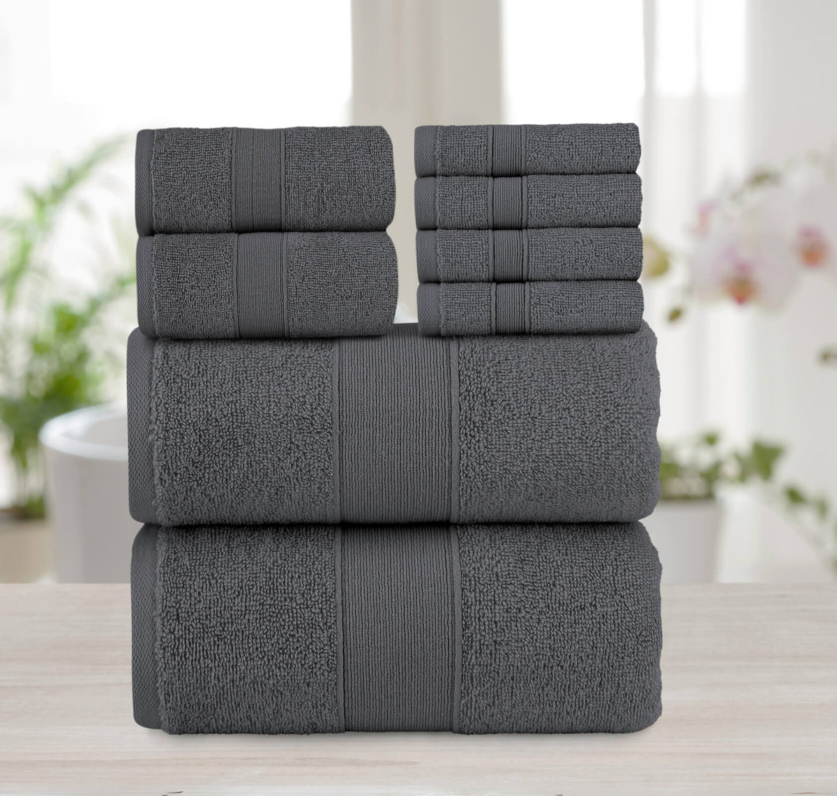 Chic Home Dobby Border Turkish Cotton 8 Piece Towel Set-Charcoal