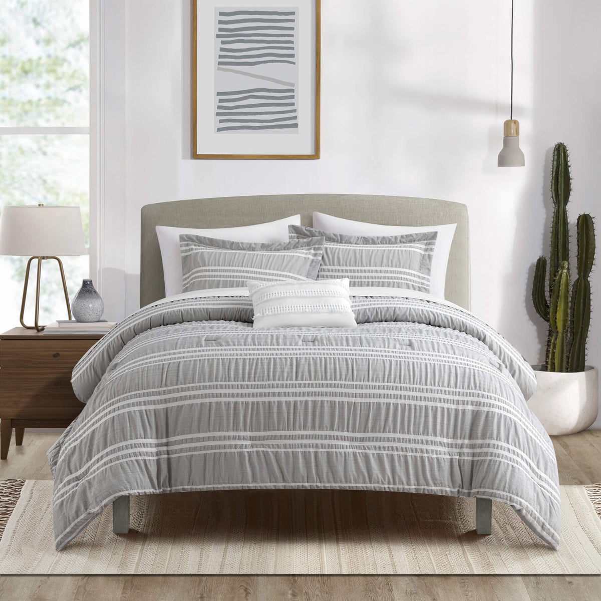 Chic-Home-Emma 4 Piece Striped Seersucker Comforter Set-Grey
