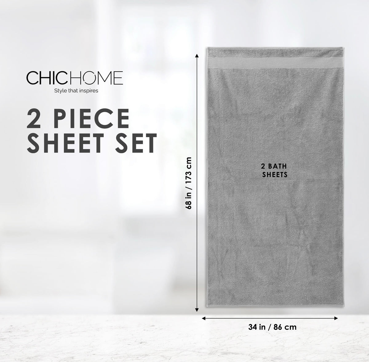 Chic Home Jacquard Turkish Cotton Bath Sheet Towel 2 Piece Set-Grey