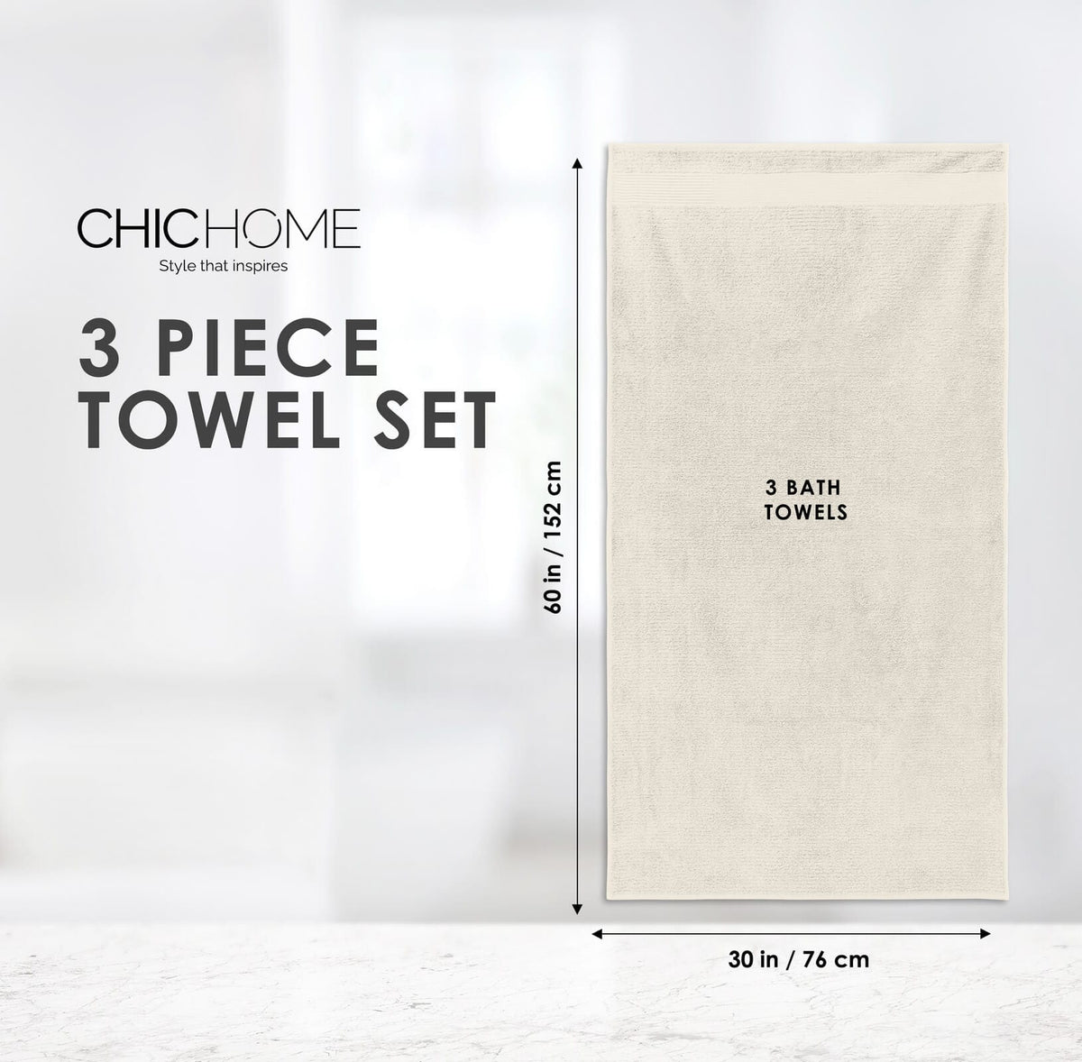 Chic Home Jacquard Turkish Cotton Bath Towel 3 Piece Set-Beige