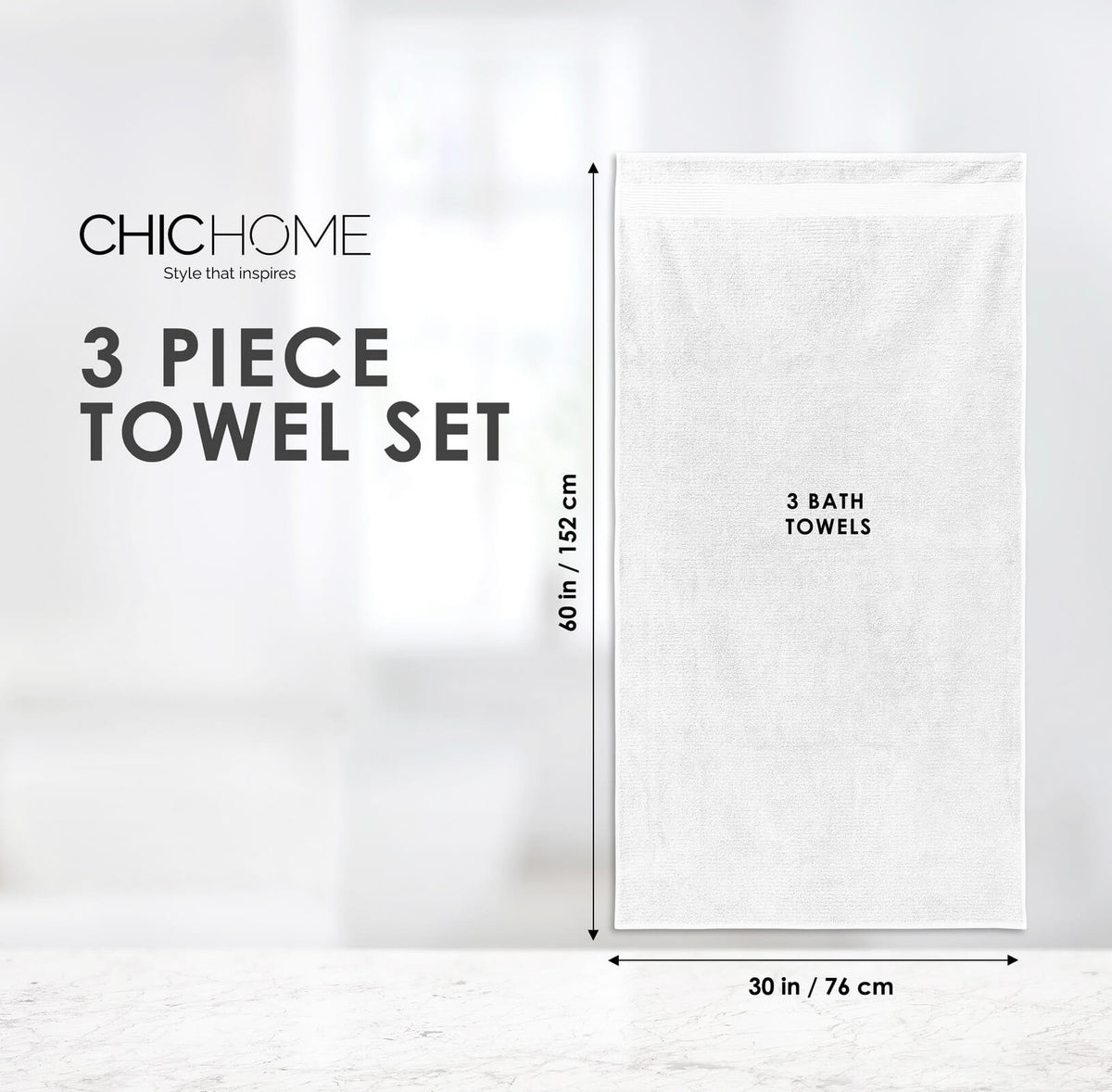 Chic Home Jacquard Turkish Cotton Bath Towel 3 Piece Set-White