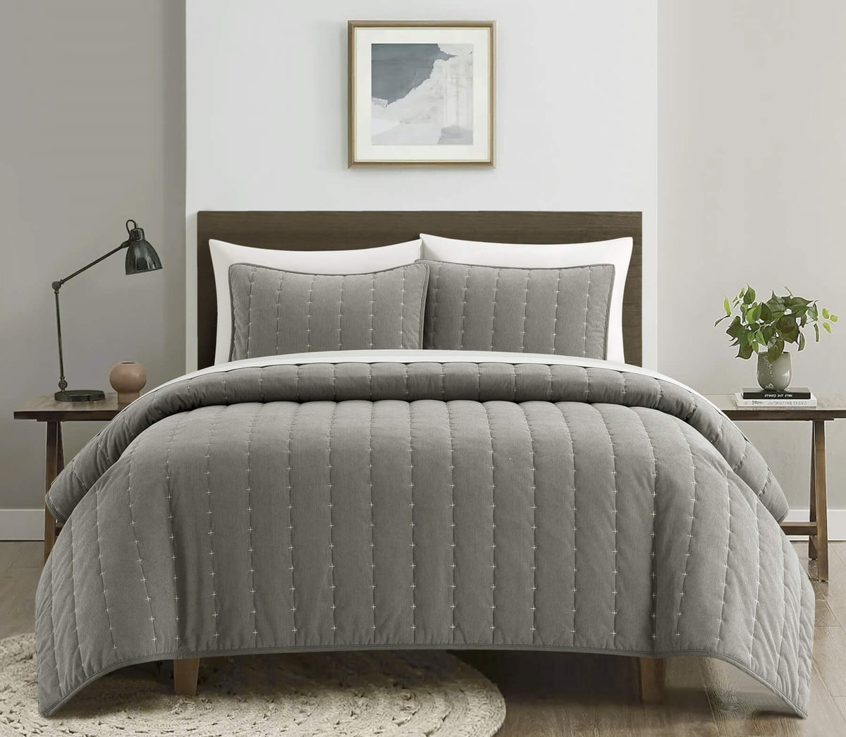 Chic-Home-Jalla 7 Piece Embroidered Corduroy Quilt Set-Grey