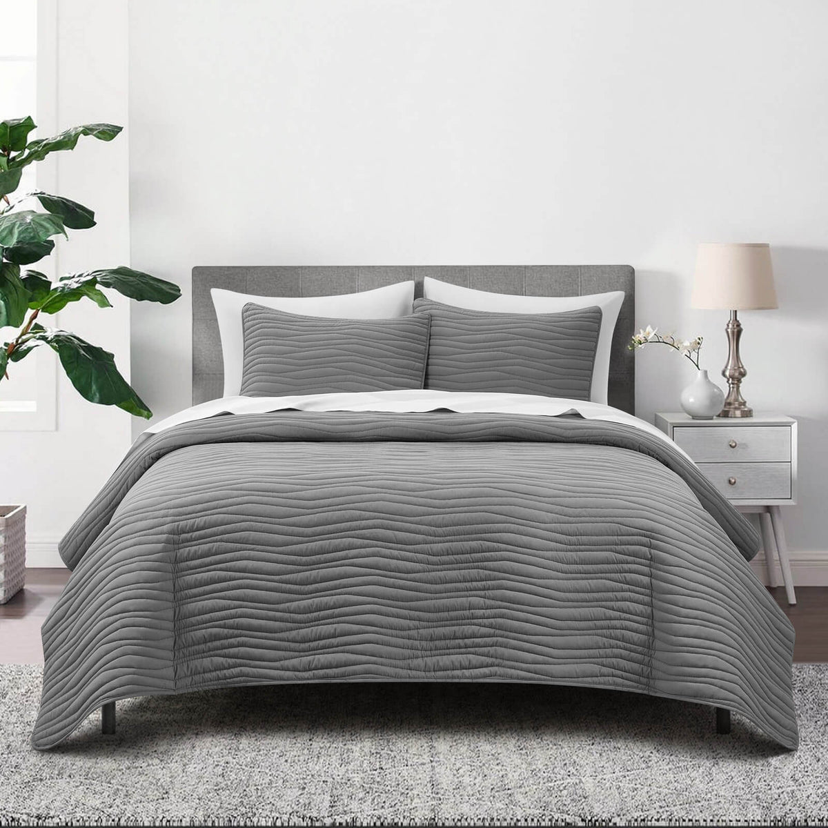 Chic Home Kyrie 3 Piece Stitched Wavy Quilt Set Grey