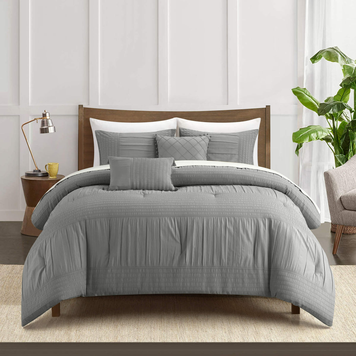 Chic Home Leona 5 Piece Pleated Seersucker Comforter Set-Grey